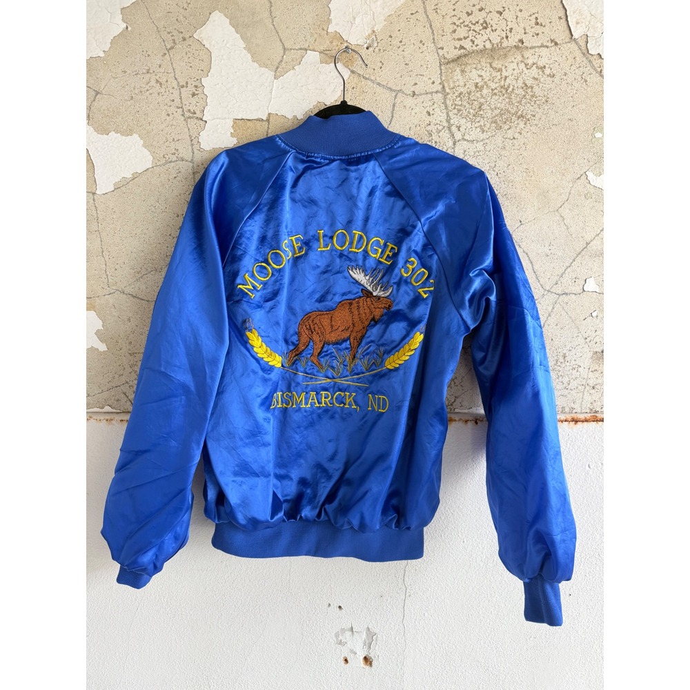 Vintage Bomber Jacket Silky Satin Moose‎ Lodge Hartwell Windbreaker 80s Mabel L
